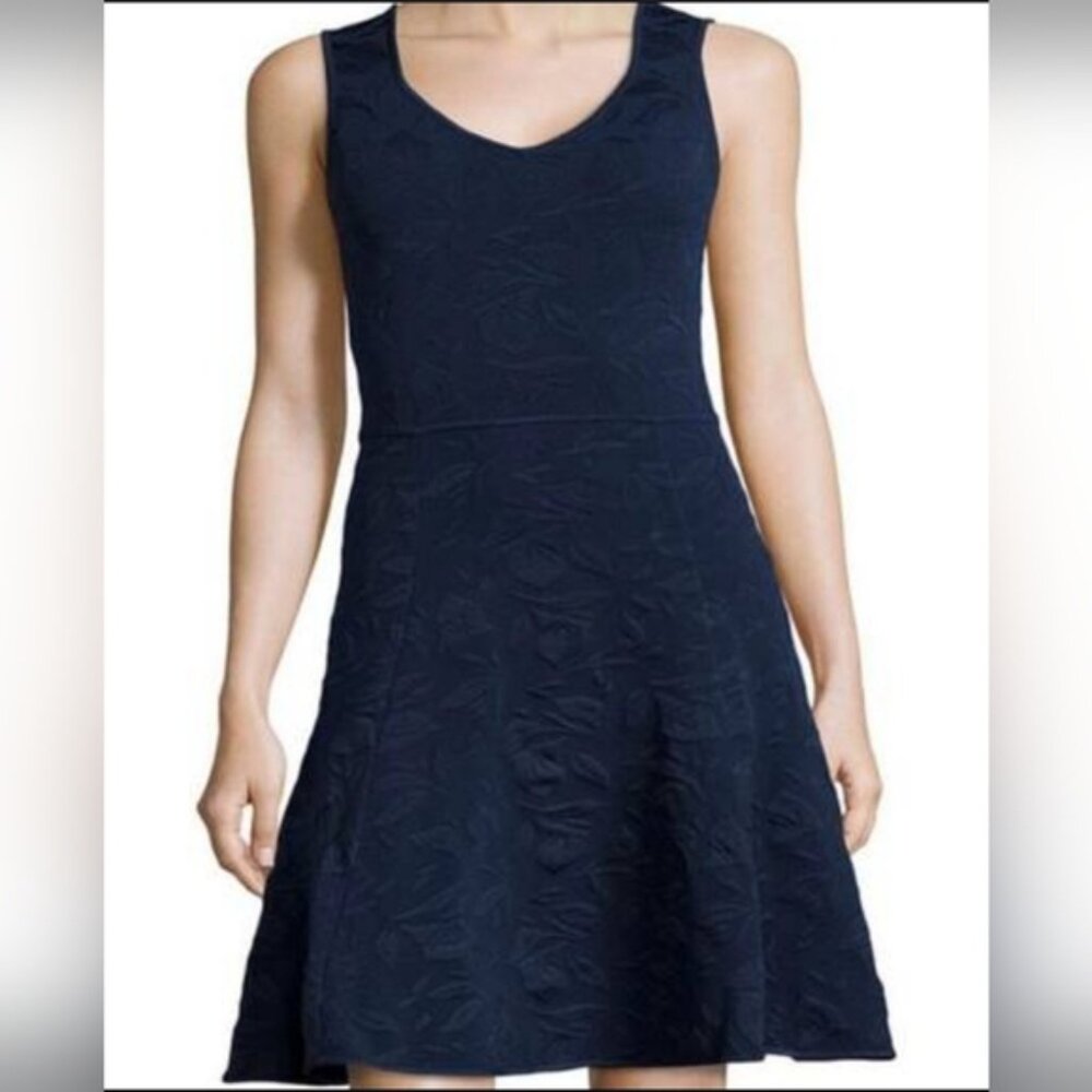 Zac Posen Dress Navy Blue Stretch Ponte Knit Fit & Flare Leaf Pattern size M